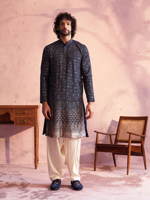 SHRESTHA By VASTRAMAY Men's Navy Blue Georgette Zari With Sequins Worked Kurta Patiala Set